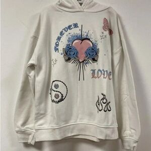 Primark Cream Hoodie with Blue and Pink Graphics